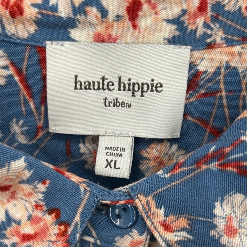 Haute Hippie Tribe Blue Floral Long Sleeve Button Midi Shirt Dress XL Boho Indie - Picture 3 of 8